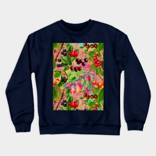 Exotic tropical floral leaves and fruits, botanical pattern, tropical plants, Blush rose pink fruit pattern over a Crewneck Sweatshirt